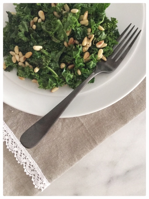 Crisp Garlic Kale Salad with Toasted Pine Nuts